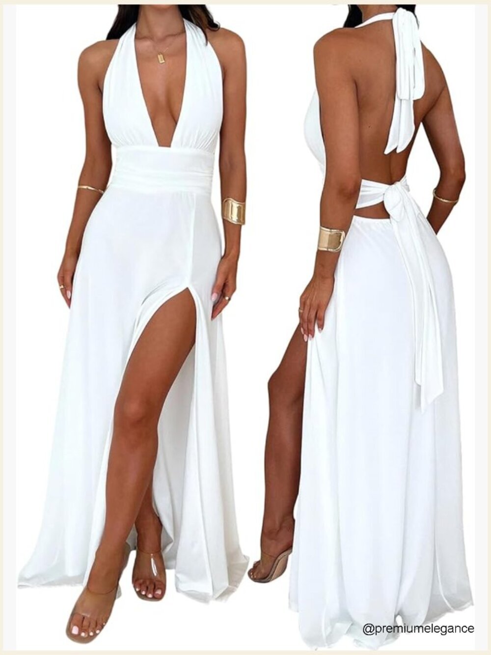Halter V-Neck Maxi Dress with High Slit and Open Back for Formal Events